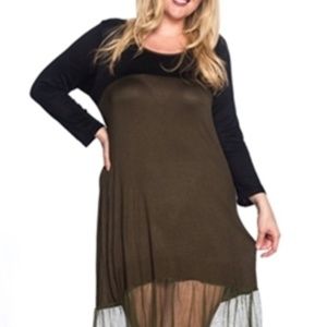 Celeste NEW 3X Olive Green Fit-n-Flare A-Line Midi Lace Hem Long Sleeve Dress